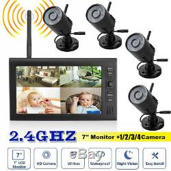 4X Digital Wireless CCTV Camera with 7'' LCD Monitor DVR Record Home Security