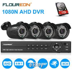 FLOUREON 8CH 1080P DVR 83000TVL CCTV Camera Home Security System Record 1TB HDD