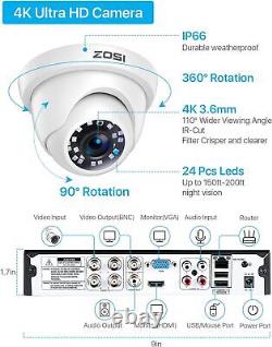 Système de Caméra de Sécurité Extérieure ZOSI 4K 8MP DVR avec Disque Dur de 2TB Vision Nocturne