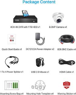 Système de caméra de sécurité ZOSI 4K pour la maison, DVR 4CH, 1TB, caméra dôme de vision nocturne extérieure